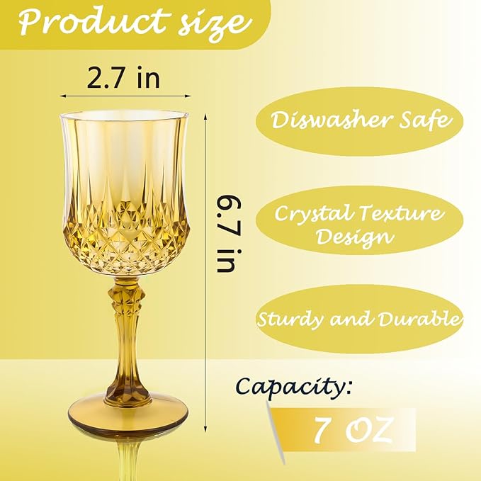 Plastic Wine Glasses，Plastic Goblets Vintage Style Cordial Drinking Glasses for Wedding Reception, Grand Event Party Supplies (12, Gold)