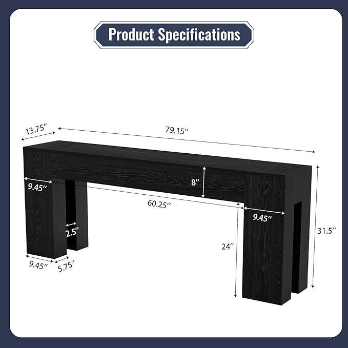 Extra Long Sofa Console Table for Entryway Living Room, 79-Inch Farmhouse Wood Behind Couch Table, Rectangular Accent Console with Wooden Double Base for Hallway Foyer Entrance, Black