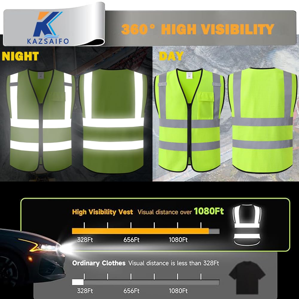 Kazsaifo Hi Vis Reflective Safety Vest for Men Women with Chest Pocket Mesh High Visibility Class 2 Construction Vest,Meets ANSI/ISEA Standard(KZ179-Yellow-L)