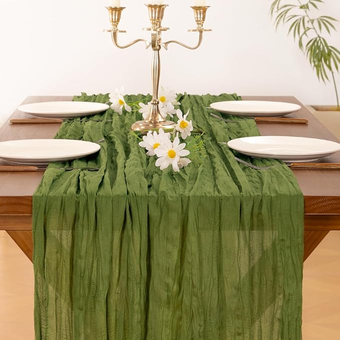 Socomi 3pcs Olive Green Fall Thanksgiving Cheesecloth Table Runner Boho Rustic Gauze 120 inch 10FT Cheese Cloth Runner for Wedding Party Baby Shower Birthday Home Decor Holiday Decorations