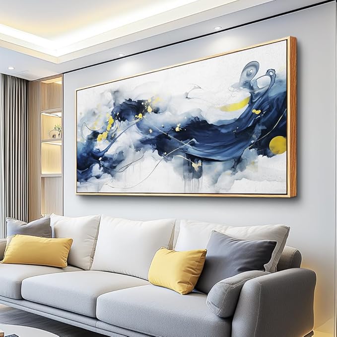 hyidecorart Wall Art For Living Room Large Size Wall Decor For Office Bedroom Wall Decorations Pictures Artwork Blue Abstract Ink Paintings Wood Framed Canvas Art Prints Ready To Hang Home Decor