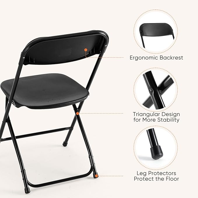 DUMOS Folding Chairs Sets of 10, 330lbs Plastic Stackable Portable Patio Dining Sets, Fold Up for Indoor Outdoor, Camping, Garden, Party, Meeting, Black
