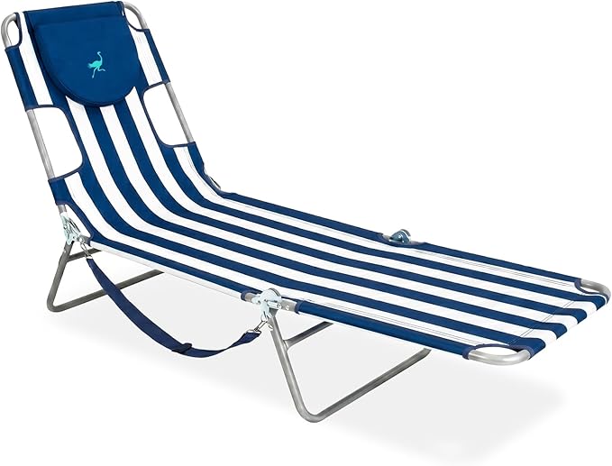 Ostrich Beach Lounge Chair, Folding & Reclining Outdoor Chaise Lounger, Blue/White Striped - Portable Adjustable Recliner Chair for Lawn, Pool, Patio, Garden, and Yard