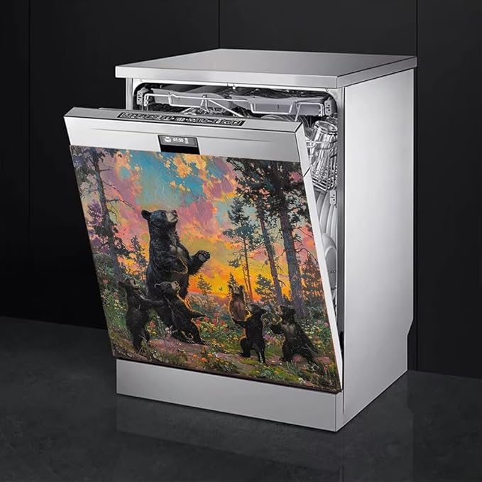 Dishwasher Magnet Cover, Forest Black Bear Family Magnetic Dishwasher Sticker for Kitchen Decoration 23x26in Fridge Panel Vinyl Decal Farmhouse Refrigerator Cover