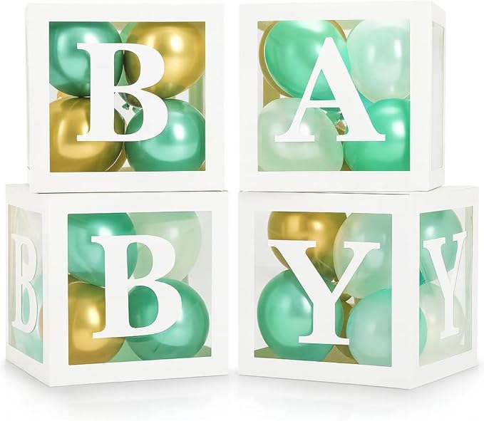 Baby Shower Boxes with Letters – White Boxes with Green, Gold & White Balloons – 44-Piece Gender Reveal & Party Decoration Set by Vellax