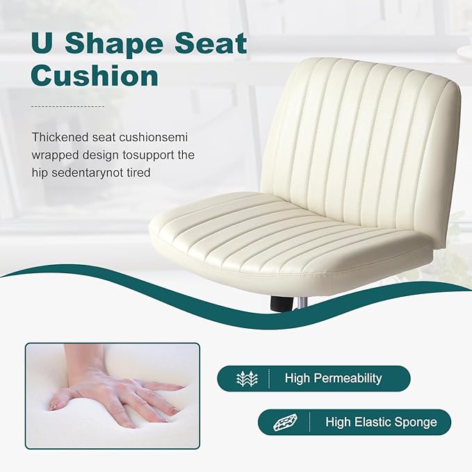 OLIXIS Criss Cross Legged Chairs Armless No Wheels Wide Seat Height Adjustable Swivel Padded PU Leather Home Office Desk Chair for Bedroom, Student, Study Room,Beige