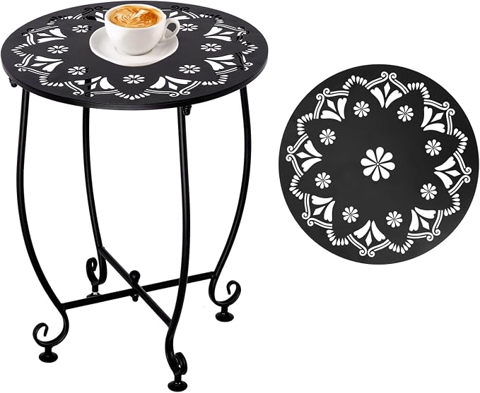 Small Outdoor Side Tables - 14 Inch Metal Patio Side Table, Anti-Rust Waterproof Outdoor Round End Table for Patio Porch Garden Yard Balcony, Black (Style A)