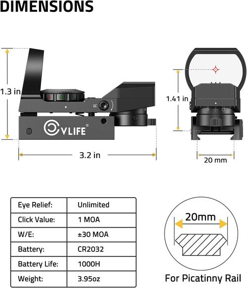 CVLIFE FoxSpook Green & Red Dot Sight - Motion Awake Reflex Optics for Picatinny | 31x21mm Large Window