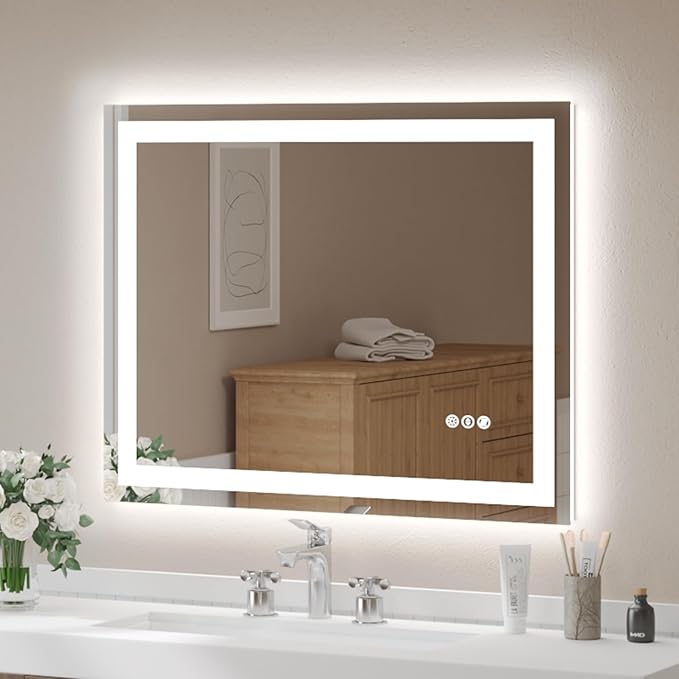 USHOWER LED Bathroom Mirror 40x32 Inch Tempered Glass