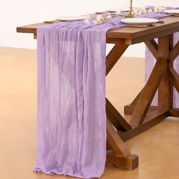 Socomi 10pcs Lilac Purple Lavender Cheesecloth Table Runner Boho Rustic Gauze 120 inch 10FT Cheese Cloth Runner for Wedding Party Baby Shower Birthday Home Decor Holiday Decorations