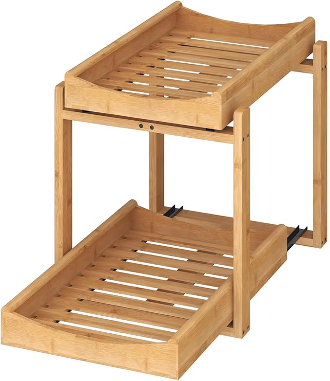 Bamboo Under Sink Organizer and Storage, 1 Pack Pull Out Cabinet Organization, 2 Tier Vertical Slide Out Undersink Storage Shelf, Multi-Purpose Organizer Shelves for Kitchen Bathroom Medicine