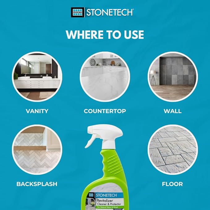 StoneTech Revitalizer Cleaner and Protector | Natural Stone Cleaner | Marble, Quartz, Granite Countertop Cleaner | 3-in-1 Cleans and Reseals | 2-Pack 24 oz Spray + Microfibers, Citrus Scent