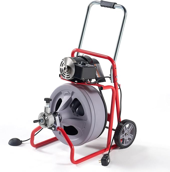 Albott 75 FT x 1/2 inch Electric Drain Cleaner Machine with Auto-Feed & 9 Cutters, Sewer Snake Auger for 1–4 Inch Pipes, Foot Switch & Wheels, Ideal for Home & Commercial Use, Grey/Red