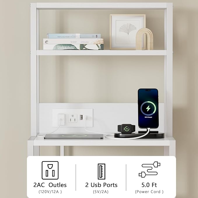 Furnulem Night Stand, White Bedside Nightstand with 4-Tier Shelves and 3 Fabric Drawers, LED Bed Side Tables with Charging Station, Tall Dresser for Bedroom, Hallway, Office
