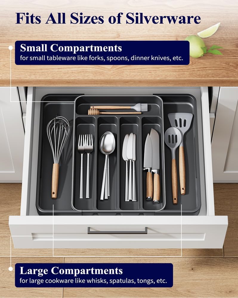 Kitsure Cutlery Drawer Organiser for Kitchen - Adjustable Cutlery Tray for Effortless Utensil Sorting, Versatile Kitchen Storage & Organisation Solution, 12.13" x 1.54" x 8.07"~13.90", Black