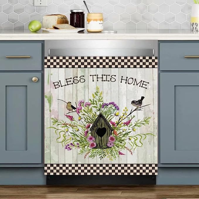 Wowfeel Bird Dishwasher Sticker Decal, Floral with Birds, White & Brown, PVC & PET Film, Rustic Functional, Reusable, Indoor Use, Home & Kitchen