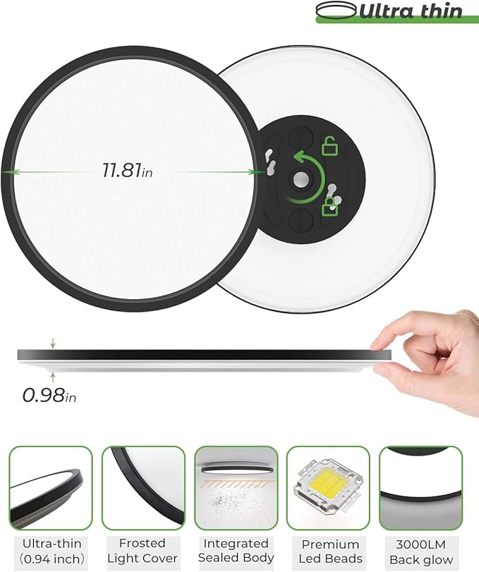 zemty 12Pack 12 Inch LED Flush Mount Ceiling Light, Super Slim 28W 3200lm LED Ceiling Light, 3 Color Temperature in One 3000k/4500k/6000K Round Light Fixture for Bedroom, Kitchen, Dining Room (Black)