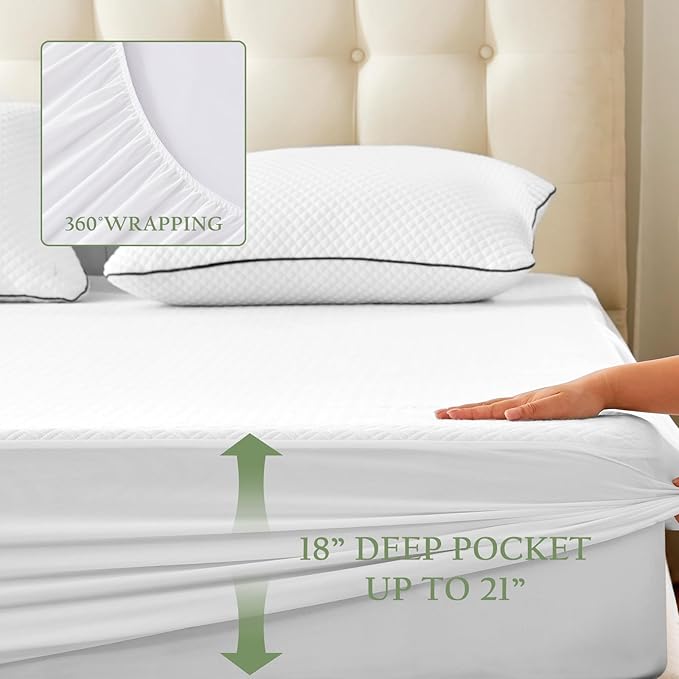 100% Waterproof King Mattress Protector, Breathable Bamboo Rayon Mattress Cover with 8”-21” Deep Pocket, Noiseless Cool 3D Air Mattress Cover, Hypoallergenic & Odor Resistant