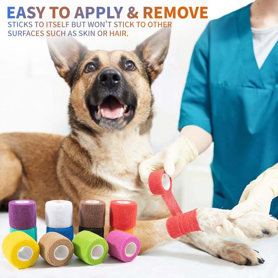 Self Adhesive Bandage Wraps - 24 Pack | 2" X 5 Yards Breathable Elastic Vet Wraps in 12 Colors