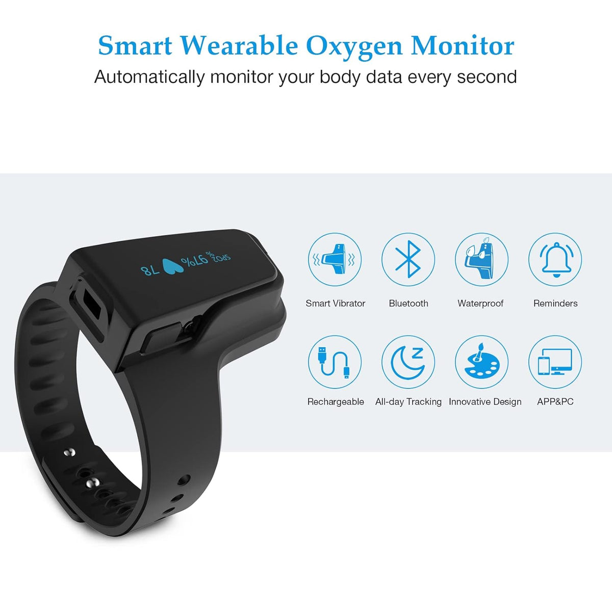 Wellue O2 Pulse Oximeter with Smart Reminder | Blood Oxygen Saturation Monitor for SpO2 and Heart Rate Tracking Continuously, Bluetooth Finger Ring with Free APP &PC Report, Style 1