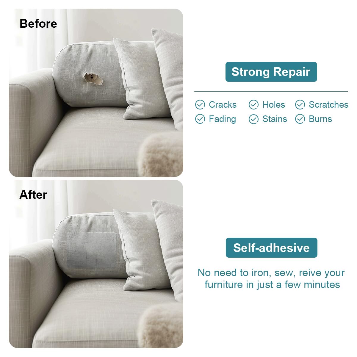 J.CARP 2Pcs Linen Repair Patches, Large Self-Adhesive Fabric Patch for Sofas, Couch, Furniture, Car Seats (8 * 11 inches-2PCS White)