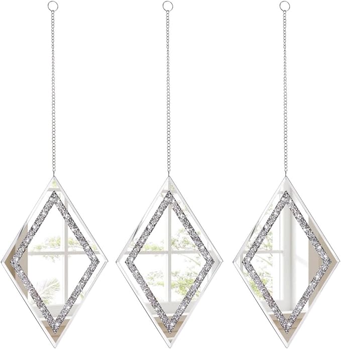 Pibeyer Silver Diamond Shaped Wall Mirror Set of 3, Decorative Crystal Crush