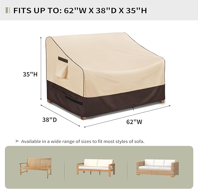 KylinLucky Outdoor Patio Sofa Cover fit 62 x 38 x 35 inch, 61 x 37, 60 x 36 Waterproof Weatherproof Heavy Duty 600D Garden Furniture Cover for Outside Sofa Couch