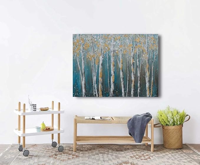 Yihui Arts Birch Tree Canvas Wall Art Hand Painted Teal and White Color Painting