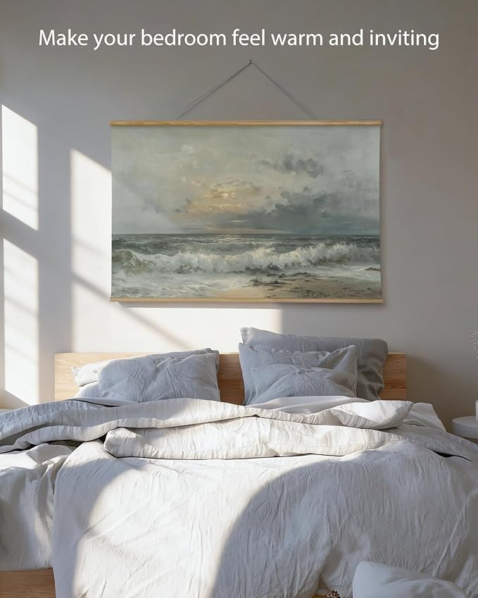 ARPEOTCY Extra Large Vintage Framed Wall Art, 36x54 Inch Sunset over the Sea Landscape Hanging Canvas Prints Scroll Wall Art Decor for Living Room Bedroom, Retro Scenery Pictures Above of Bed