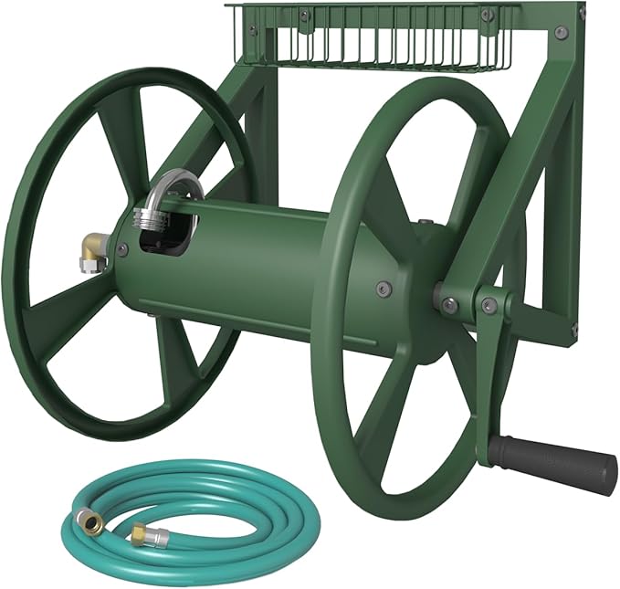 Artigarden Triangle Wall Mounted Garden Hose Reel, Outdoor Heavy-Duty Water Hoses Holder Winder, Holds 125 Ft of 5/8-Inch Hose, with 3.9 ft Leader Hose, Brass Fitting, Storage Basket for Yard, Green