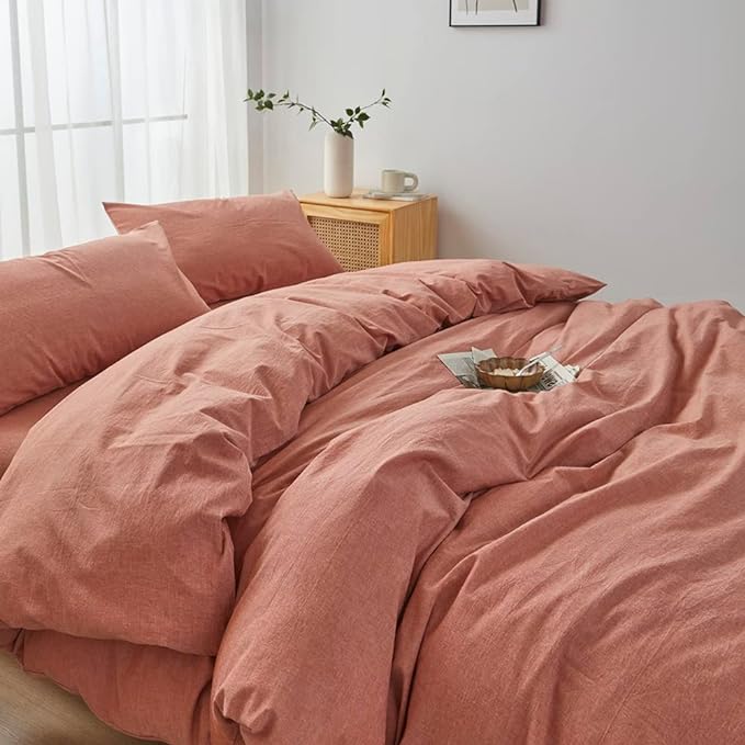 FACE TWO FACE Bedding Duvet Cover Set100% Washed Cotton Duvet Cover Linen Like Textured Breathable Durable Soft Comfy (King, Caramel)