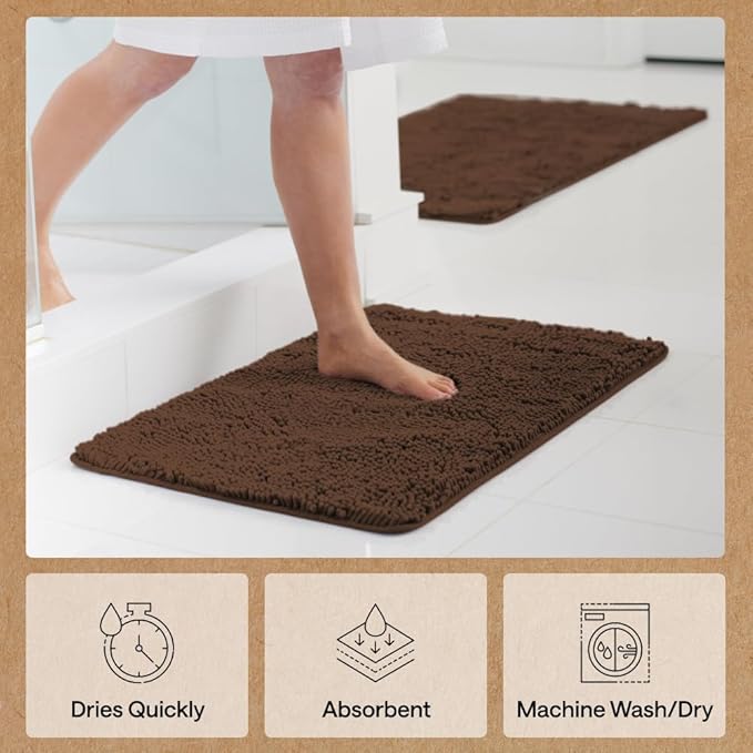 GORILLA GRIP Bath Rug Mat 48x17, Thick Soft Absorbent Chenille, Quick Dry Microfiber Mats, Rubber Backing Washable Shower Floor Rugs, Bathmat Runner, US Designed Bathroom Home Decor Accessories Brown
