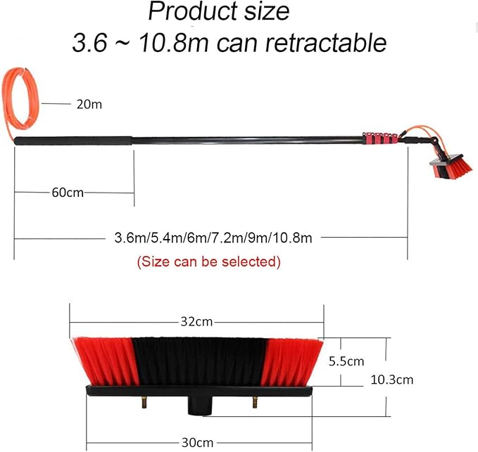 12ft Water Fed Window Cleaning Pole with 20m Hose & Soap Dispenser Telescopic Extendable Brush Kit for Gutters & Conservatories Ultimate Window Cleaning Solution