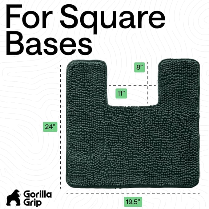 GORILLA GRIP Plush Absorbent Shaggy Chenille Bath Rug Mat for Square Toilet Base with Rubber Backing, Machine Washable Rugs, Soft Microfiber Contour Mats for Toilets, Bathroom Decor, Hunter