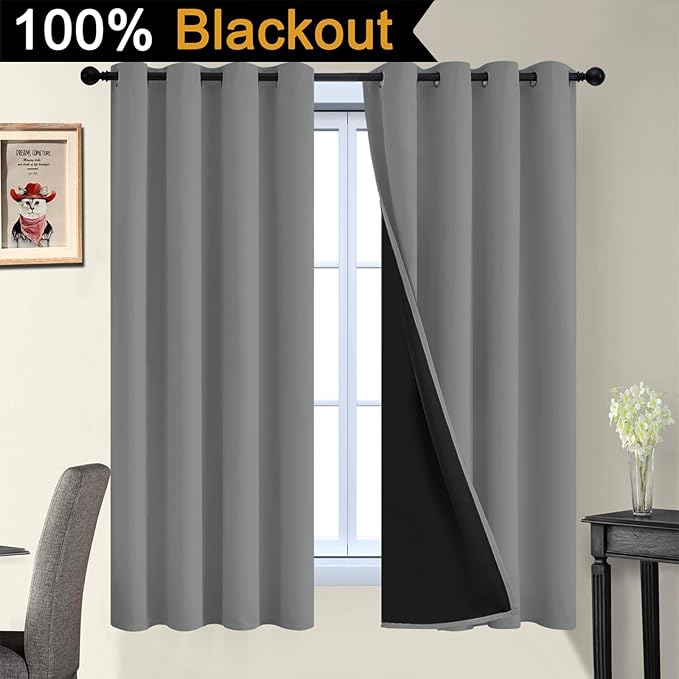 Yakamok Dove Grey 100% Blackout Curtains, Thermal Insulated Total Blackout