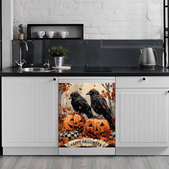 Generic Crow and Pumpkin Maple Leaf Dishwasher Face Cover, Fridge Door Cover, Decorative Stickers, Happy Halloween Pattern, 23x26