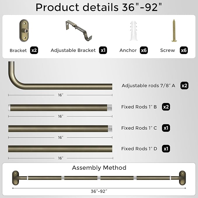 Curtain Rods 36-88 Inch, Antique Bronze Wrap Around Blackout Curtain Rods