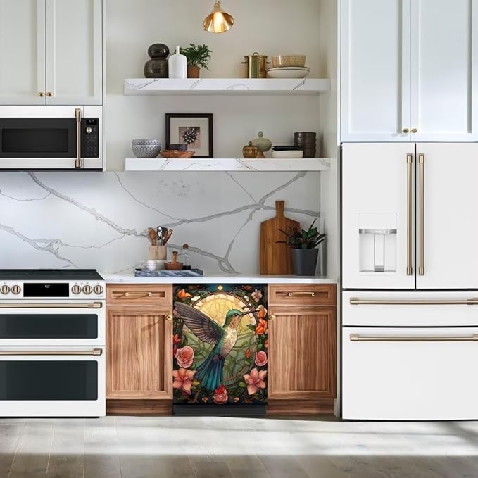 Hummingbird Kitchen Dishwasher Panel Decal, Spring Flowers Refrigerator Covers for The Front, Bird Flower Dishwasher Cover Sticker, 23" x 26" (Ordinary)