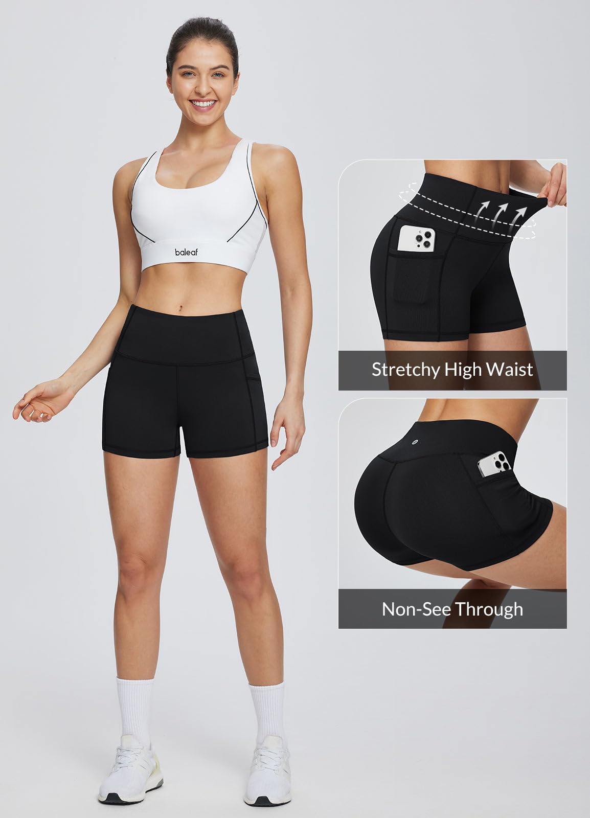 baleaf Biker Shorts Women Yoga Gym Workout Spandex Running Volleyball Tummy Control Compression with Pockets 5" 2-Pack Black/Navy Blue L