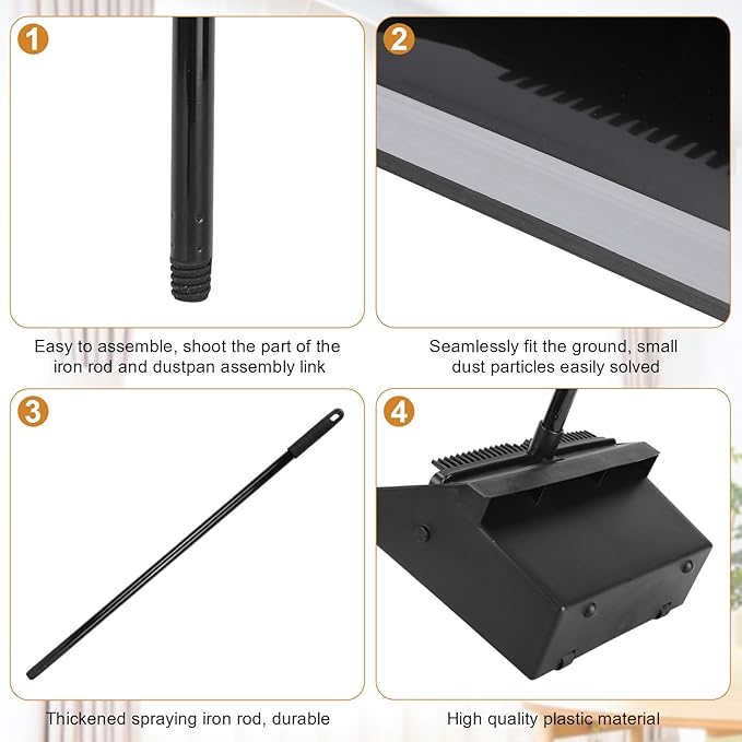 Leumoi 12 Pcs Dust Pans with Long Handle Set 36.6 Inch Commercial Dust Pan with Comb Large Plastic Stand up DustPans for Outdoor Indoor Restaurant Home Office Floor Cleaning (Black)