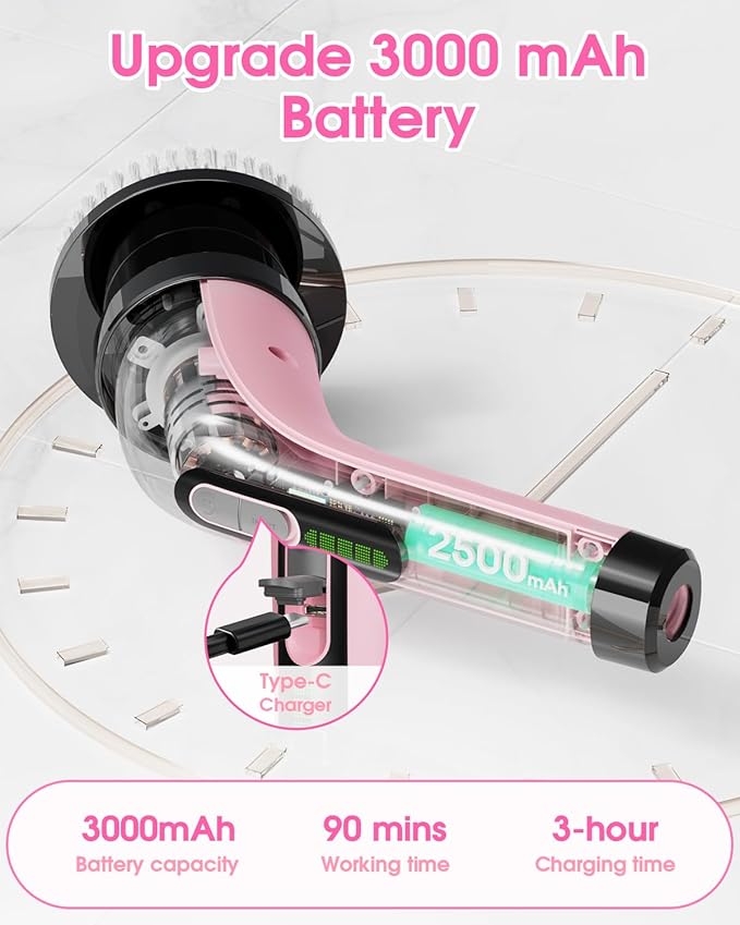 Electric Spin Scrubber for Cleaning Bathroom: Cordless Power Shower Scrubber - Electric Cleaning Brush for Tile Tub - Pink