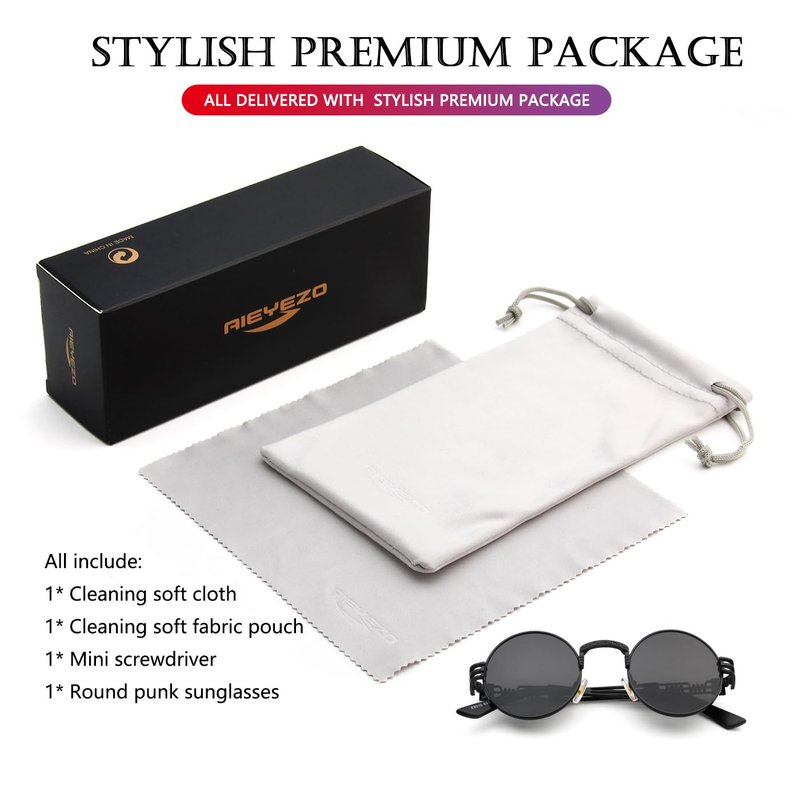 AIEYEZO Round Steampunk Sunglasses for Men Women Retro Circle Hippie Glasses Metal Frame 100% UV Blocking Lens (Black/Grey)