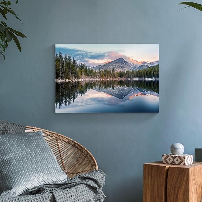 Lake Landscape Canvas Wall Art: Nature Mountain Sunset Artwork Woodland Water Scenery Painting for Bedroom