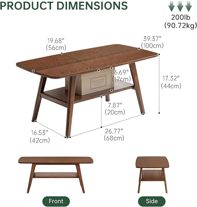 100% Solid Wood Coffee Table for Living Room, 39.37" Mid Century Modern Tables with Shelf Storage, 2-Tier Coffee Table with Rounded Corners (Oak Wood Walnut Color, 39.37" L)