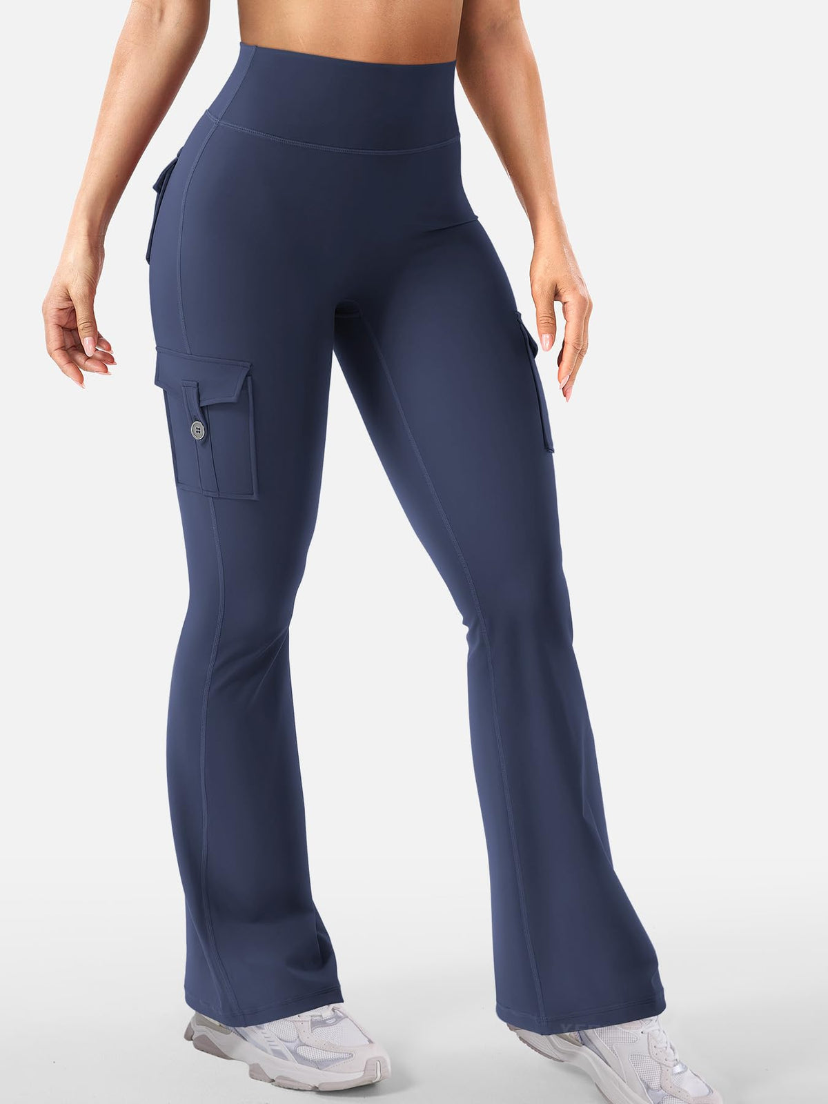 YEOREO CoreFlex Women Workout Flare Leggings with Pockets Hidden Scrunch High Waisted Cargo Gym Yoga No Front Seam Leggings Navy M