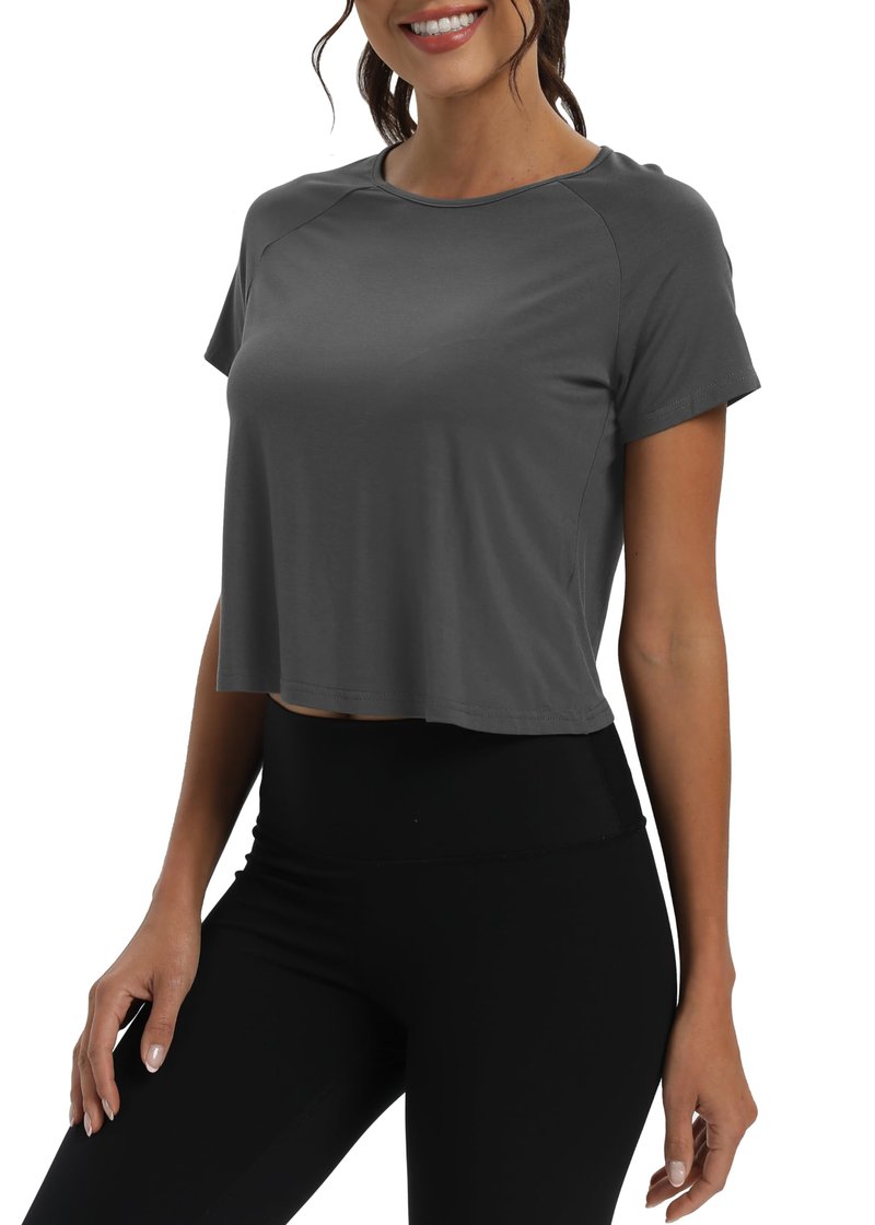 Mippo Short Sleeve Athletic Tops Workout Shirts Exercise Clothes Gym Crop Top Tshirts for Women Loose Fit Dark Gray M