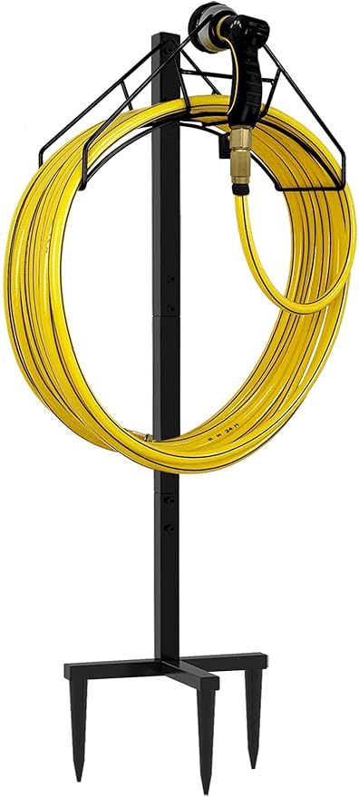 Artigarden Freestanding Garden Hose Holder Hanger, Heavy Duty Metal Water Hose Reel Storage Stand Rack for Yard Lawn, Bright Black (Hose not Included)