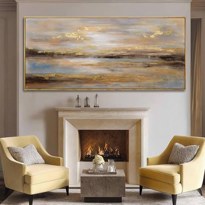 Gold Abstract Wall Decor Modern Artwork for Office Framed Canvas Painting Large Wall Art Bedroom Wall Decor Living Room Print Pictures 32x70 Inch