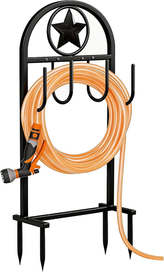 Garden Hose Holder - Upgraded Sturdy Hose Pentagram Holder, Freestanding Heavy-Duty Hose Reel, Sturdy Water Hose Holder and Hose Storage for Outside, Lawns and Yards,Black