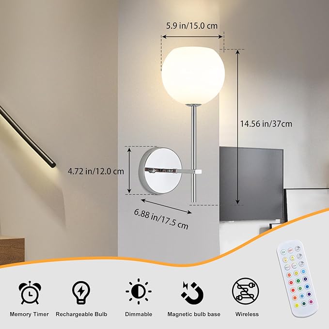 Chrome Battery Operated Wall Sconces Set of 2, Rechargeable Wireless Wall Lights